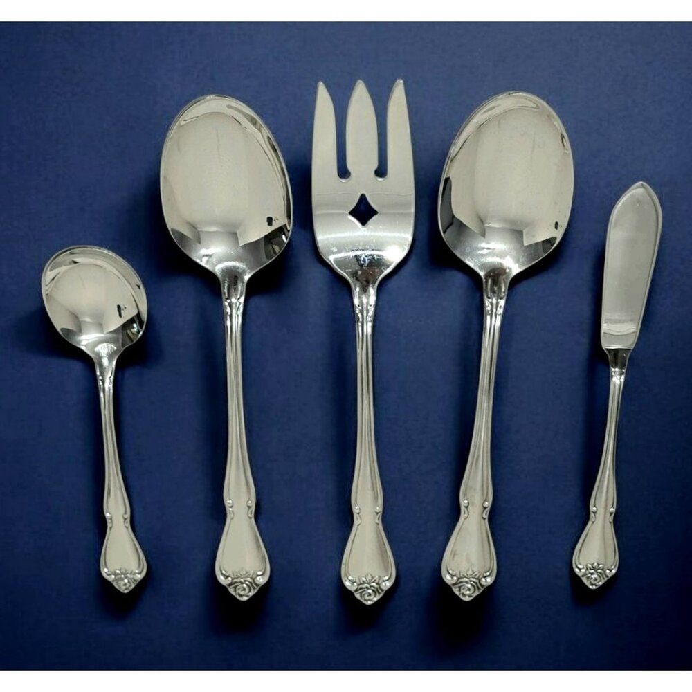 5 Oneida Serving Utensils Spoon Sugar Meat Fork Butter Knife True Arbor Rose VTG